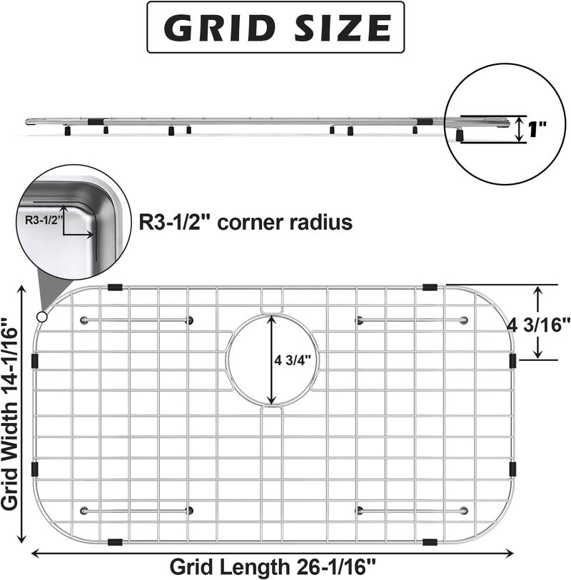 Fritoing Sink Protector Grid 26-1/16" x 14-1/16", Rear Drain with Corner Radius 3-1/2", 304 Stainless Steel Material Sink Bottom Grid for Single Bowl Sink, Premium Sink Rack - Image 2